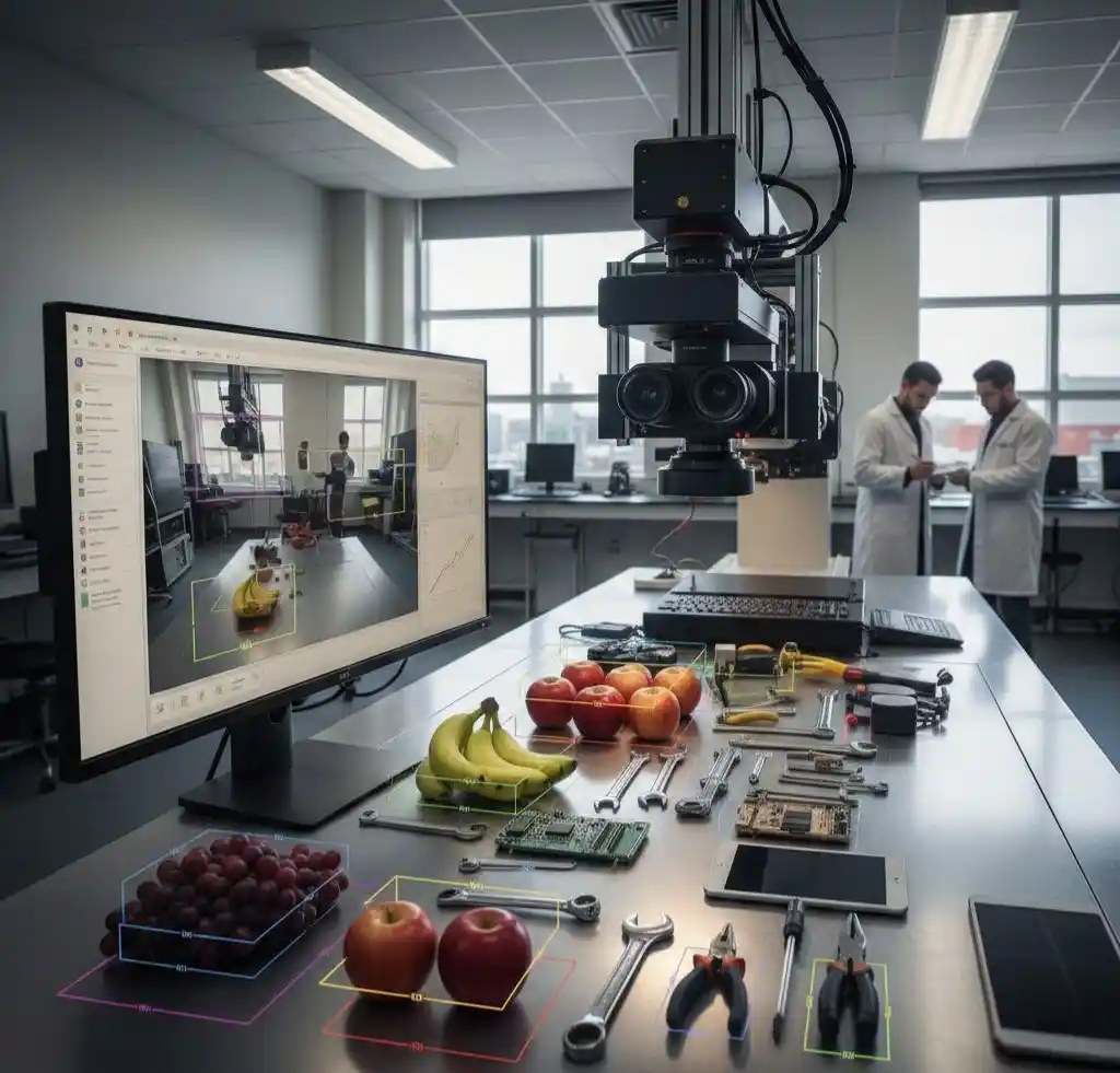 Lab setup with camera analyzing objects on table, representing computer vision system for real-time object detection.