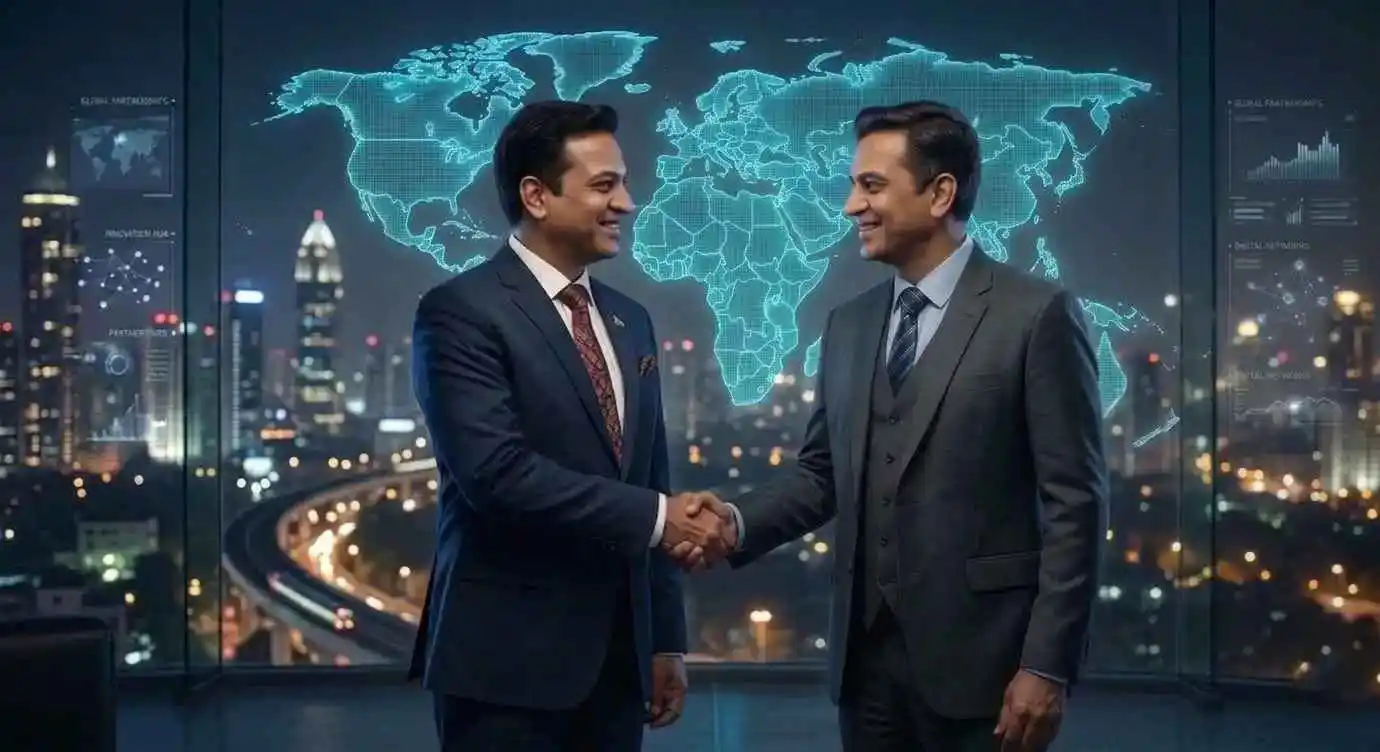 Business handshake over global network background – contact EIT for partnership.