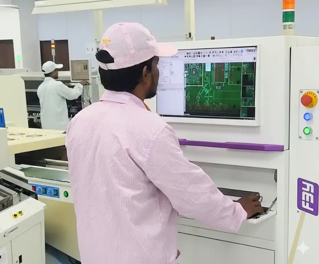 Technician operating PCB inspection machine in advanced hardware manufacturing facility.