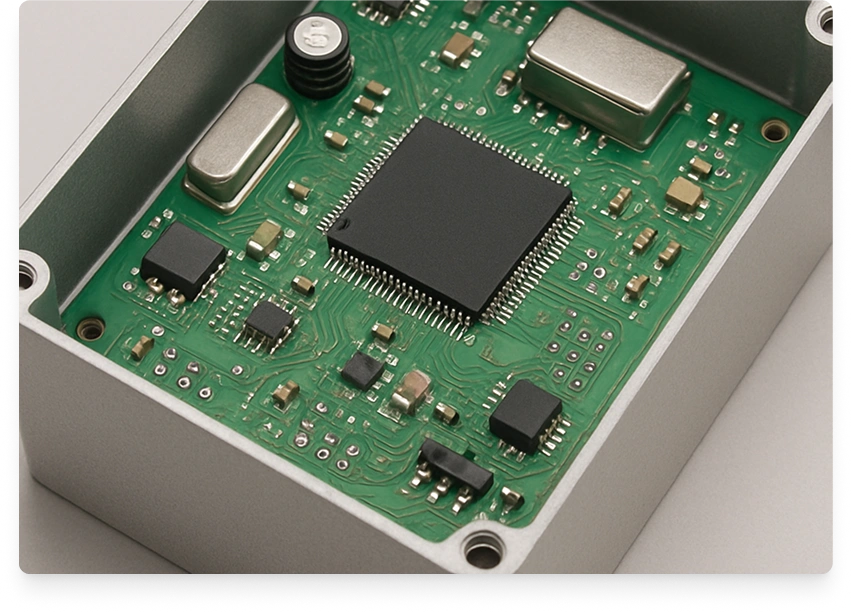 Close-up of circuit board inside enclosure used for gps tracking hardware device.