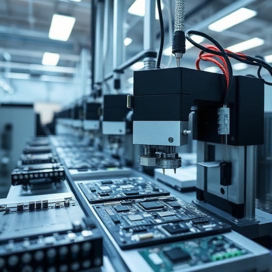 Automated assembly machine placing components on circuit boards in hardware manufacturing facility.