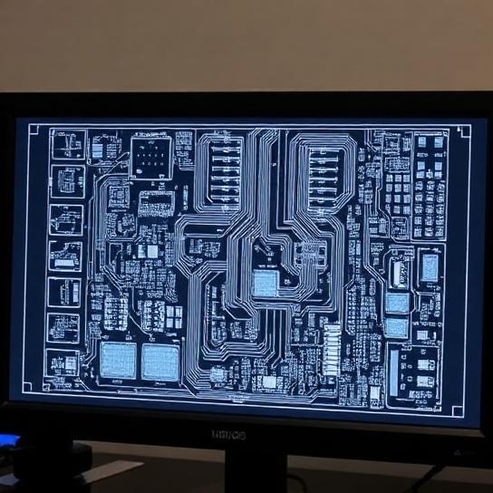 Detailed PCB layout design displayed on monitor during prototyping process.