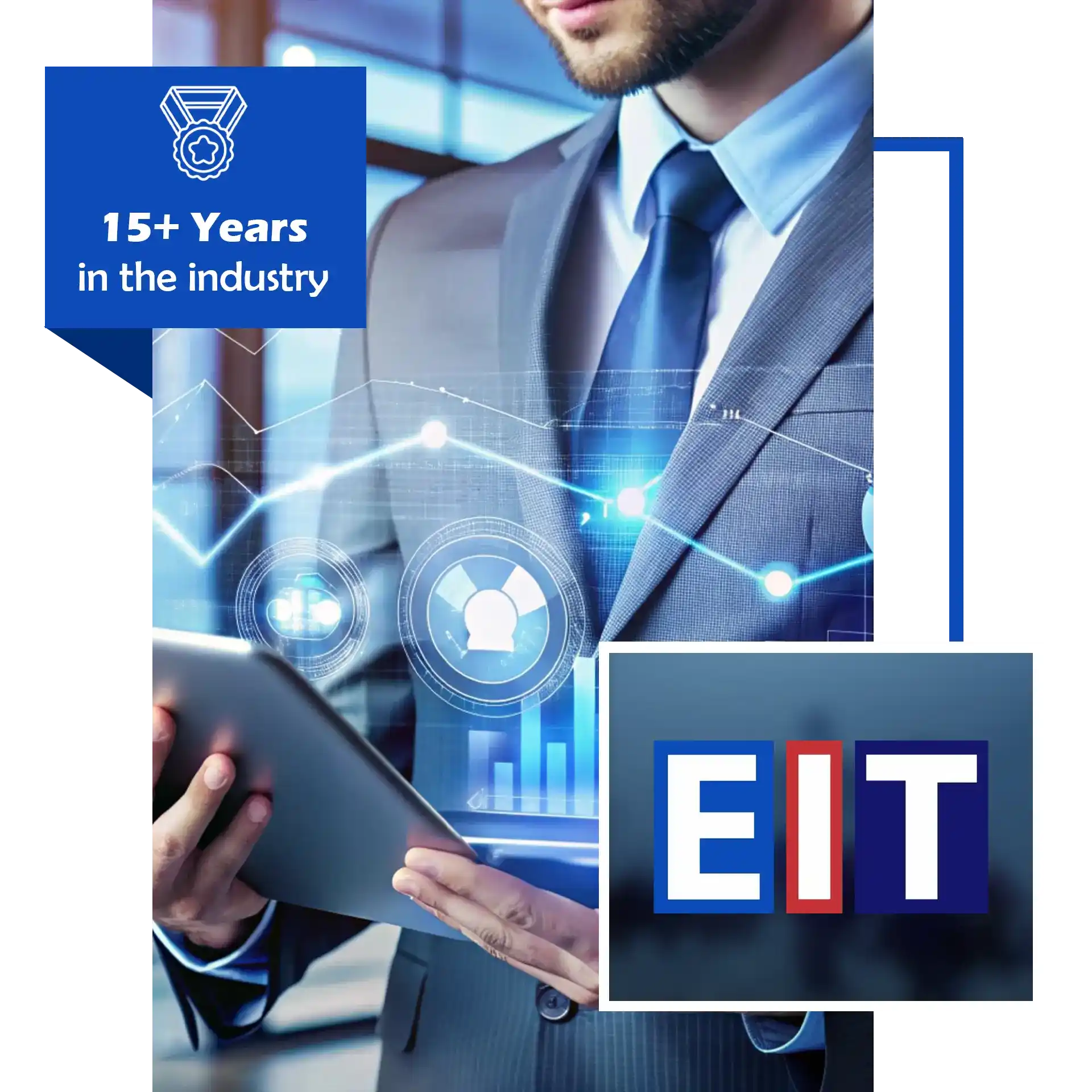 About EIT banner showing a professional working on a laptop with 15+ years in the industry badge and technology branding.
