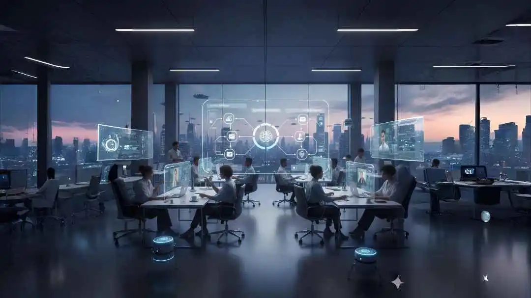 Smart workplace with digital dashboards showing AI Office Automation improving productivity and workflow.