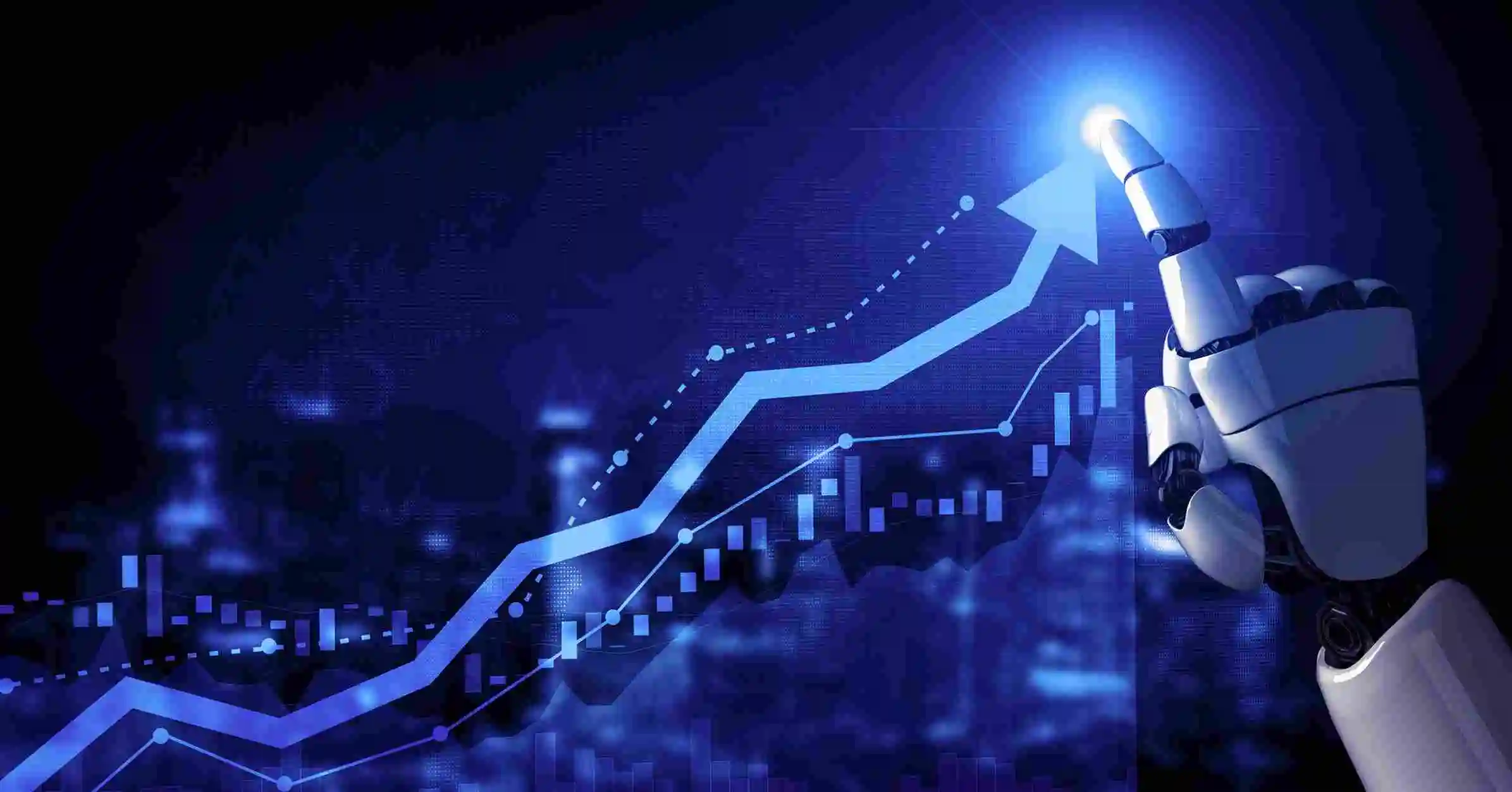 Futuristic robotic hand pushing an upward financial growth arrow and digital chart representing business innovation and AI-Powered Solutions for smarter operations and analytics.
