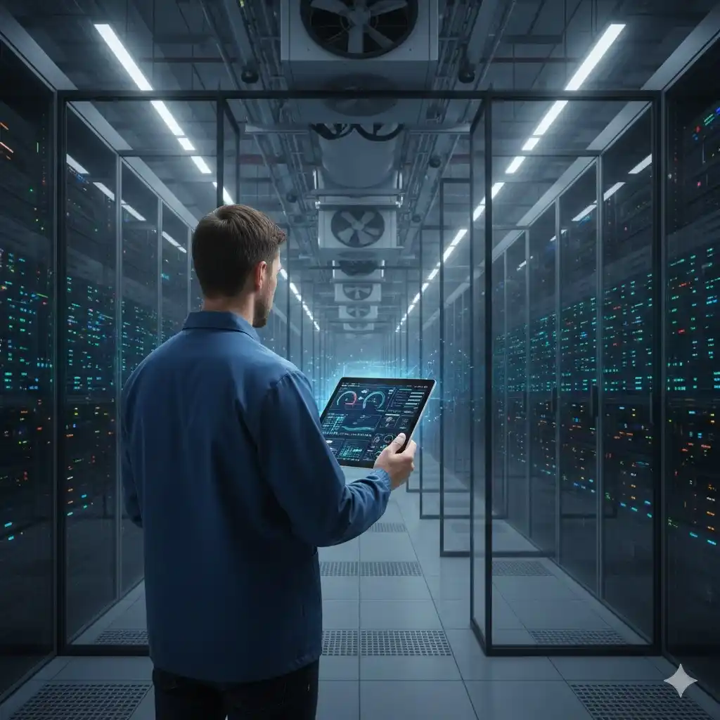 Smart environment monitoring system in a data center with technician analyzing real-time server data on a tablet.