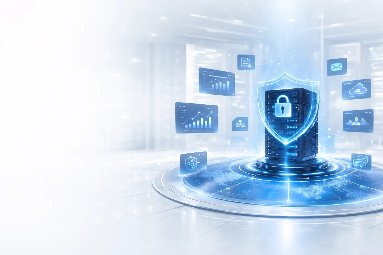 ERP & CRM Solutions erp cloud security system with protected server infrastructure and digital shield representing secure ERP data management