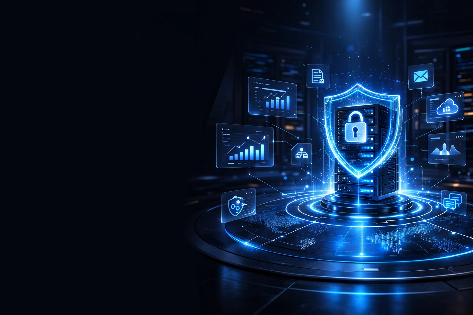 ERP & CRM Solutions erp cloud security system with protected server infrastructure and digital shield representing secure ERP data management