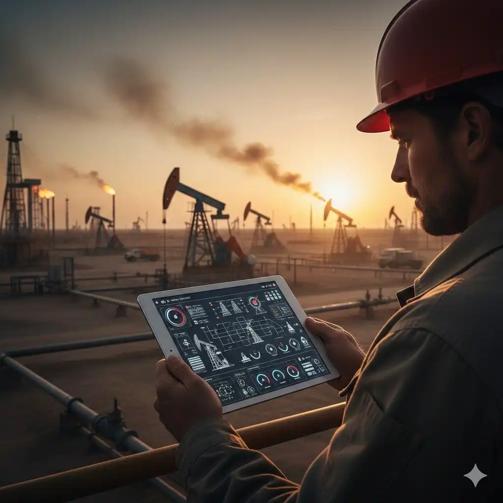 Oil field worker monitoring production data on a digital tablet.