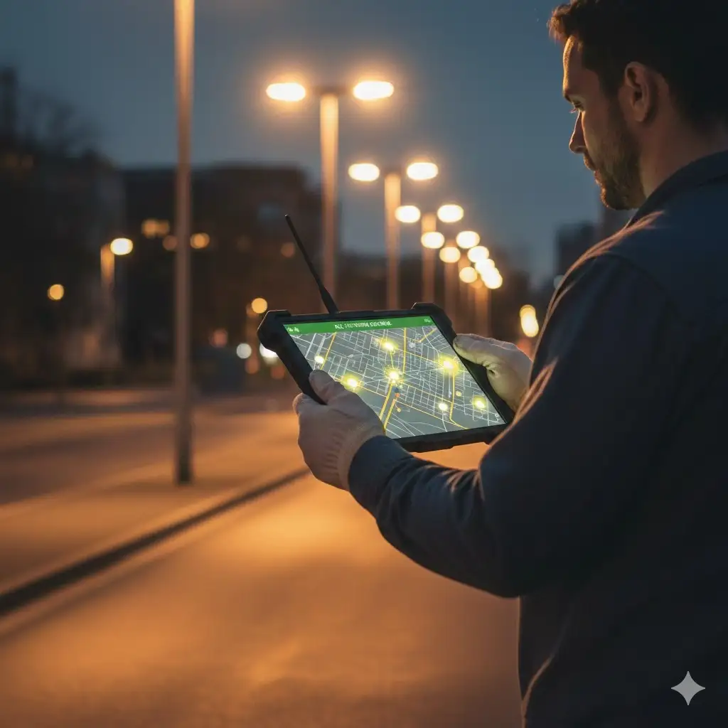 Technician monitoring smart street lighting system on tablet.