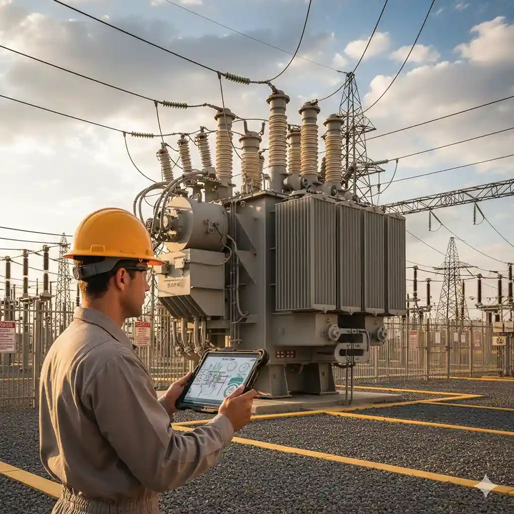 IoT transformer monitoring system at an electrical substation with real-time data tracking.