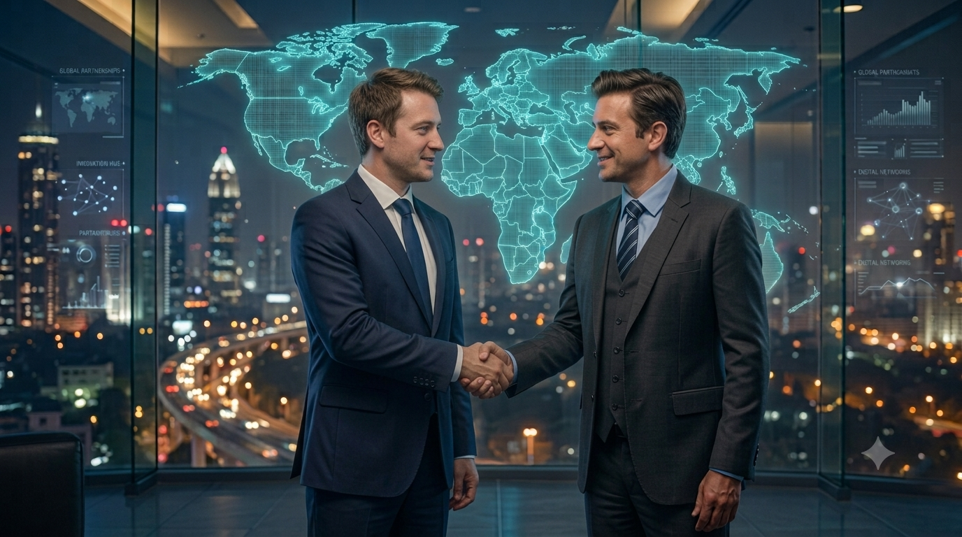Business handshake over global network background – contact EIT for partnership.