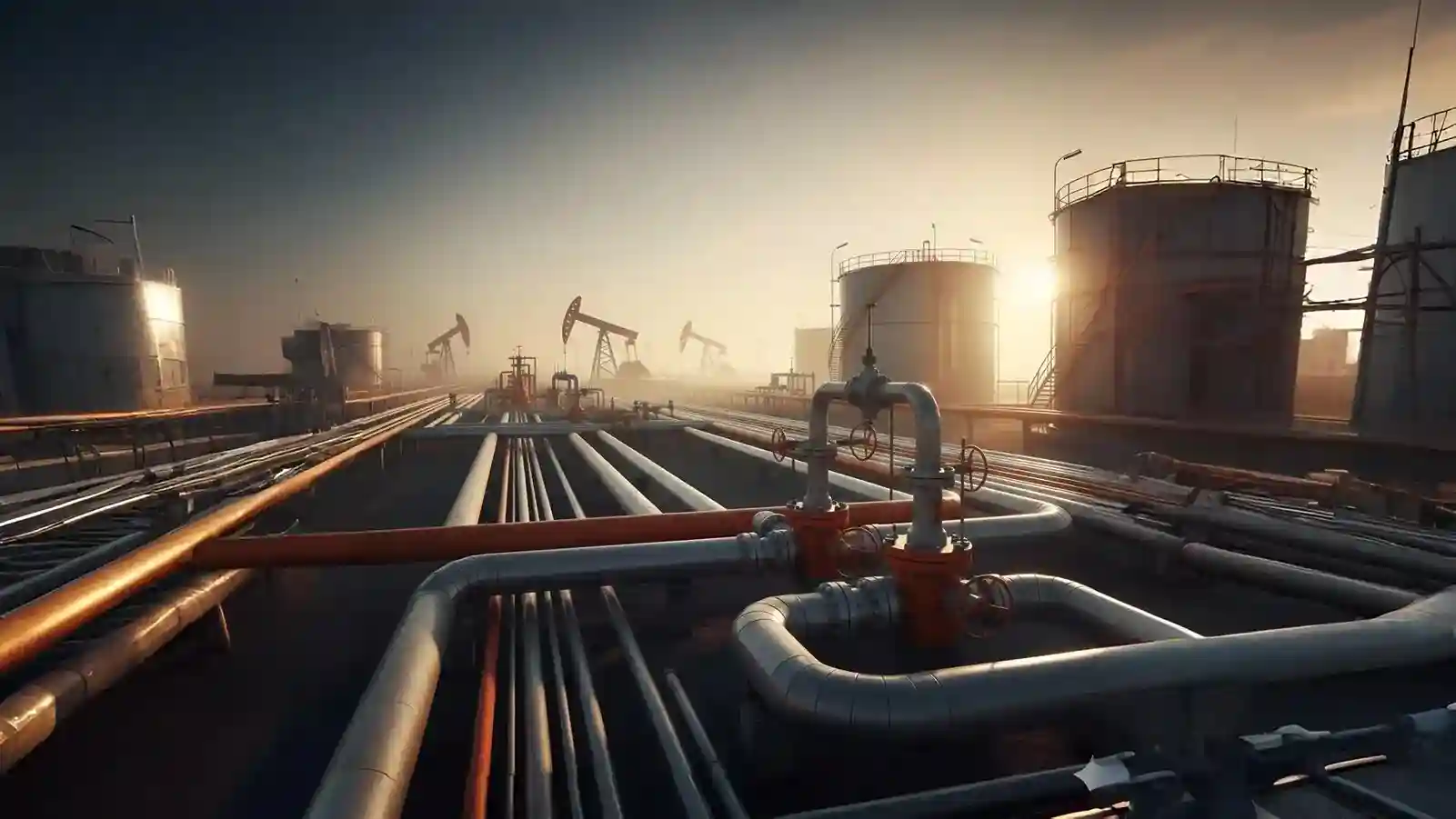 Oil refinery pipelines and storage tanks representing oil field monitoring for real-time asset and pressure management.