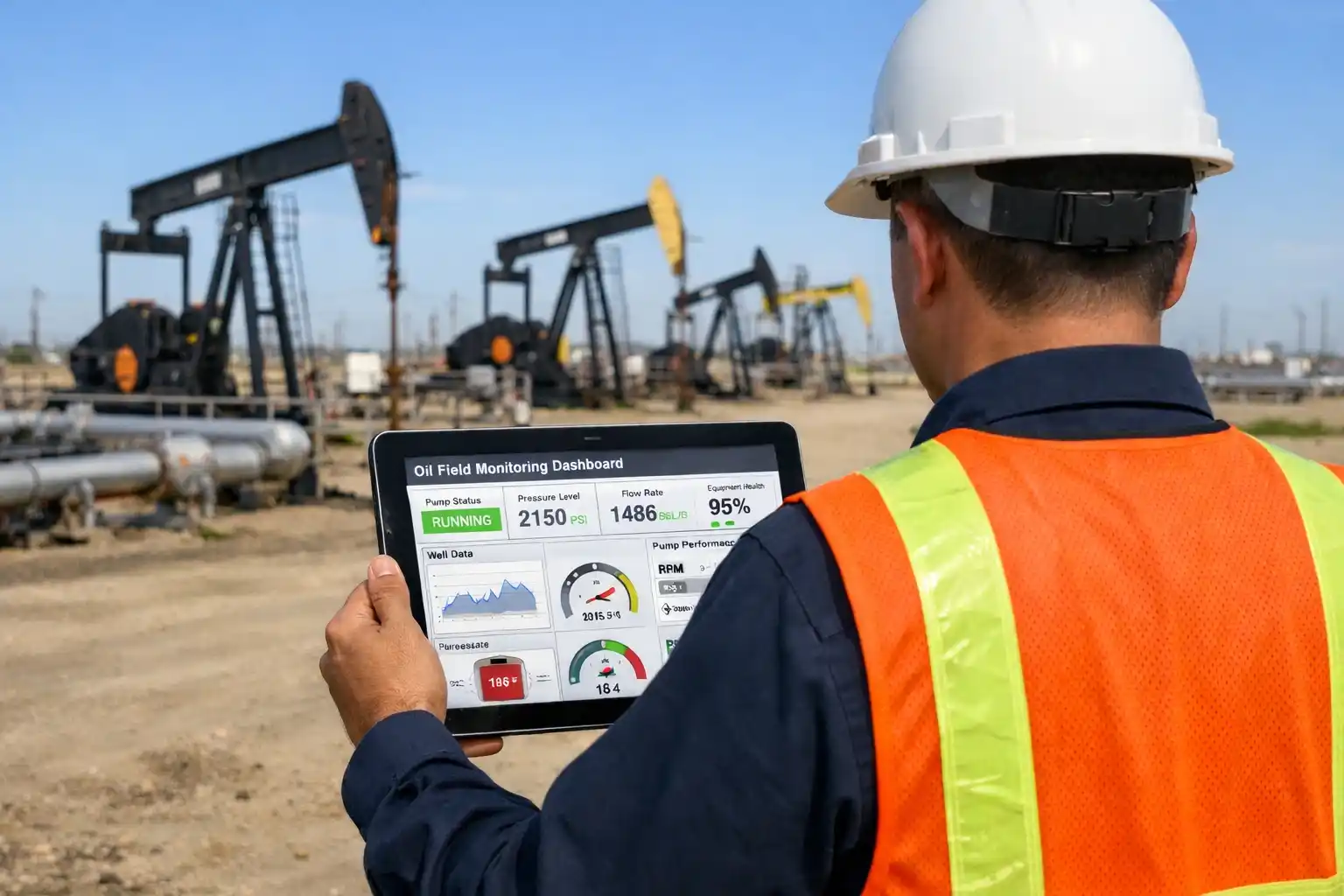 Remote oil field monitoring in action with real-time data tracking on a tablet.