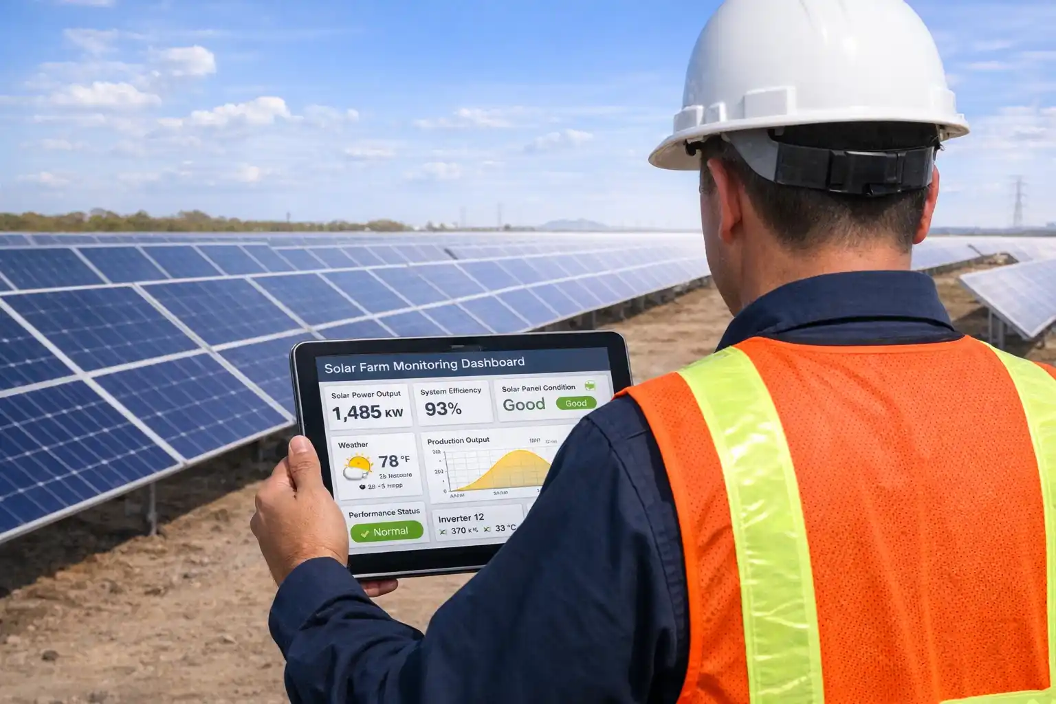 Technician using a tablet to track performance in a smart solar monitoring system at a solar panel site.
