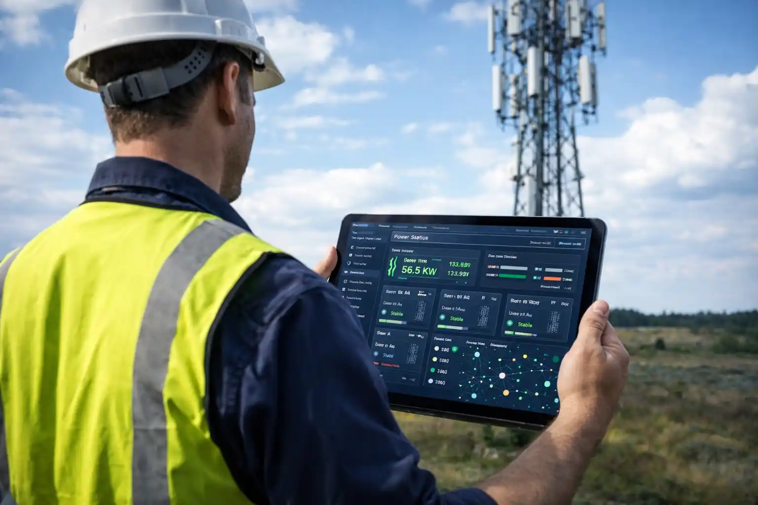 Technician monitoring telecom tower performance on tablet using IoT-based telecom power management system.