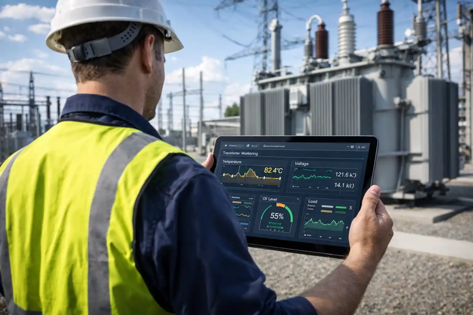 Transformer monitoring interface displaying system panel view with real-time status indicators and operational overview of electrical equipment.